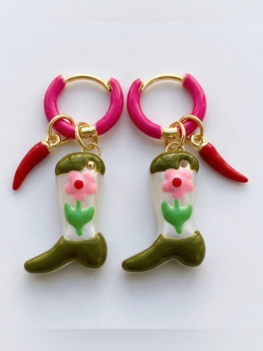 Cowgirl Boot Murano Earrings Green Western Charm 14K Gold Plated Cowboy